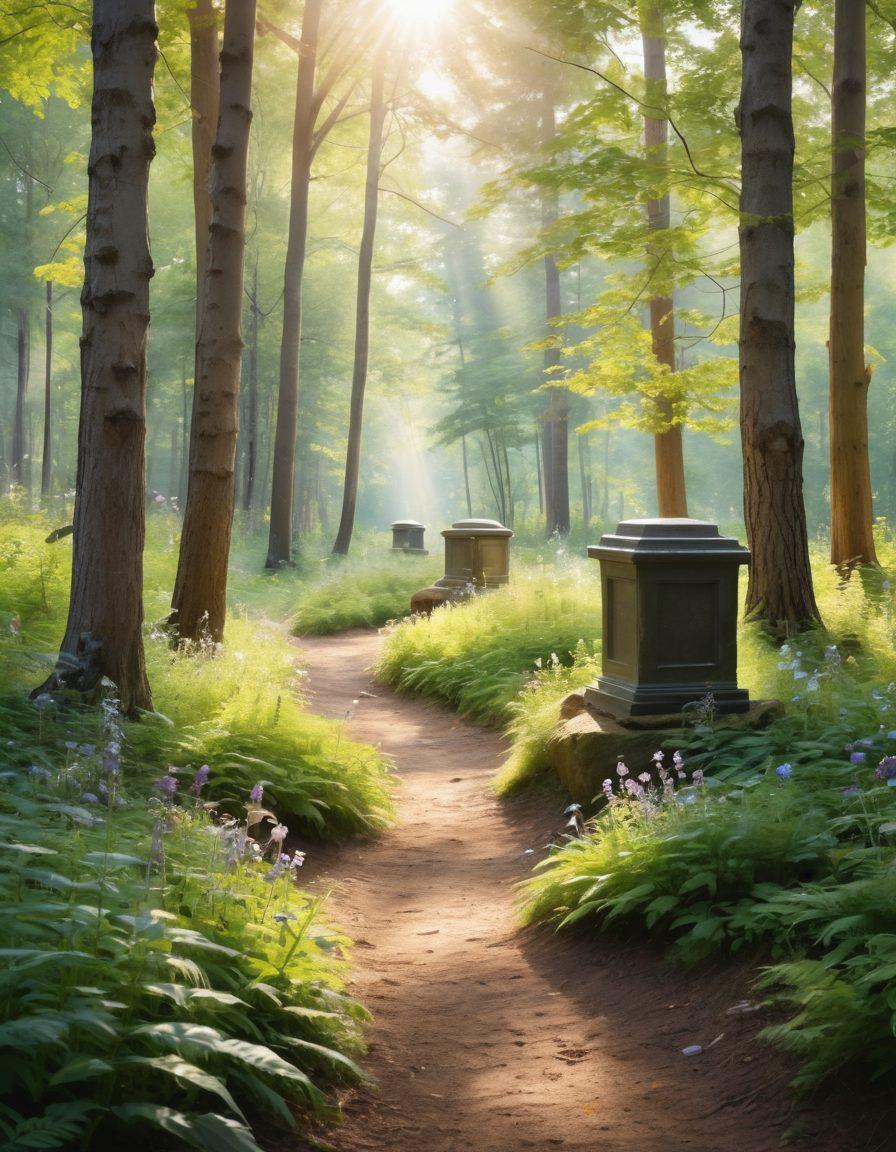 A serene and peaceful forest clearing, adorned with eco-friendly funeral elements like biodegradable urns, wildflowers, and natural wooden memorials. Soft sunlight filters through the trees, casting gentle shadows, while birds and butterflies flutter nearby, symbolizing the cycle of life. The scene conveys warmth, tranquility, and a sense of respect for nature. watercolor painting. soft pastel colors. airy atmosphere.